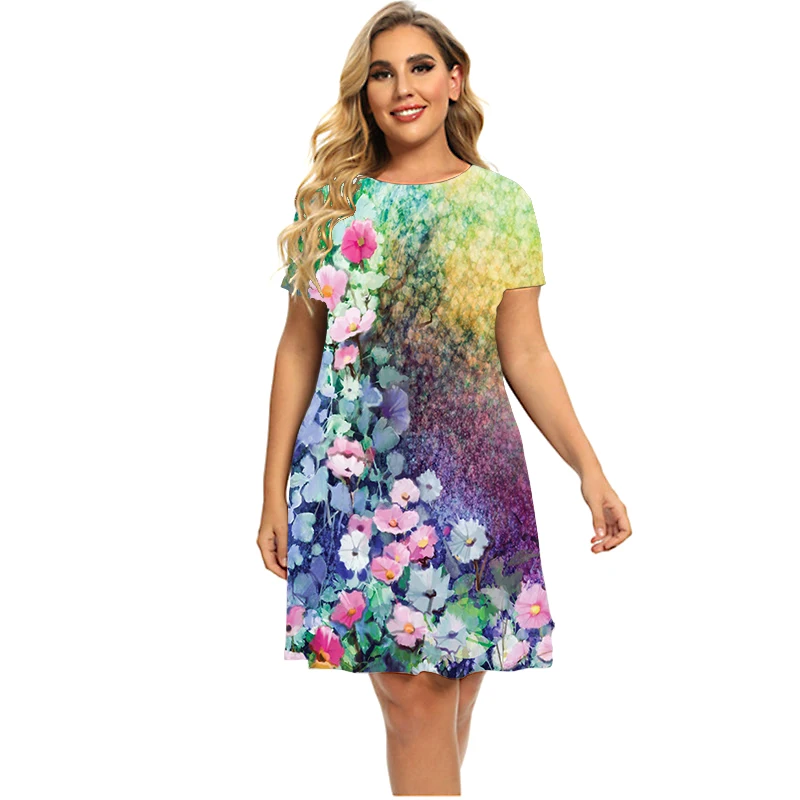 Summer Retro Floral Plant Pattern Dresses For 2023 Women Clothing Plus Size Short Sleeve Loose Clothing Casual 3D Print Dress