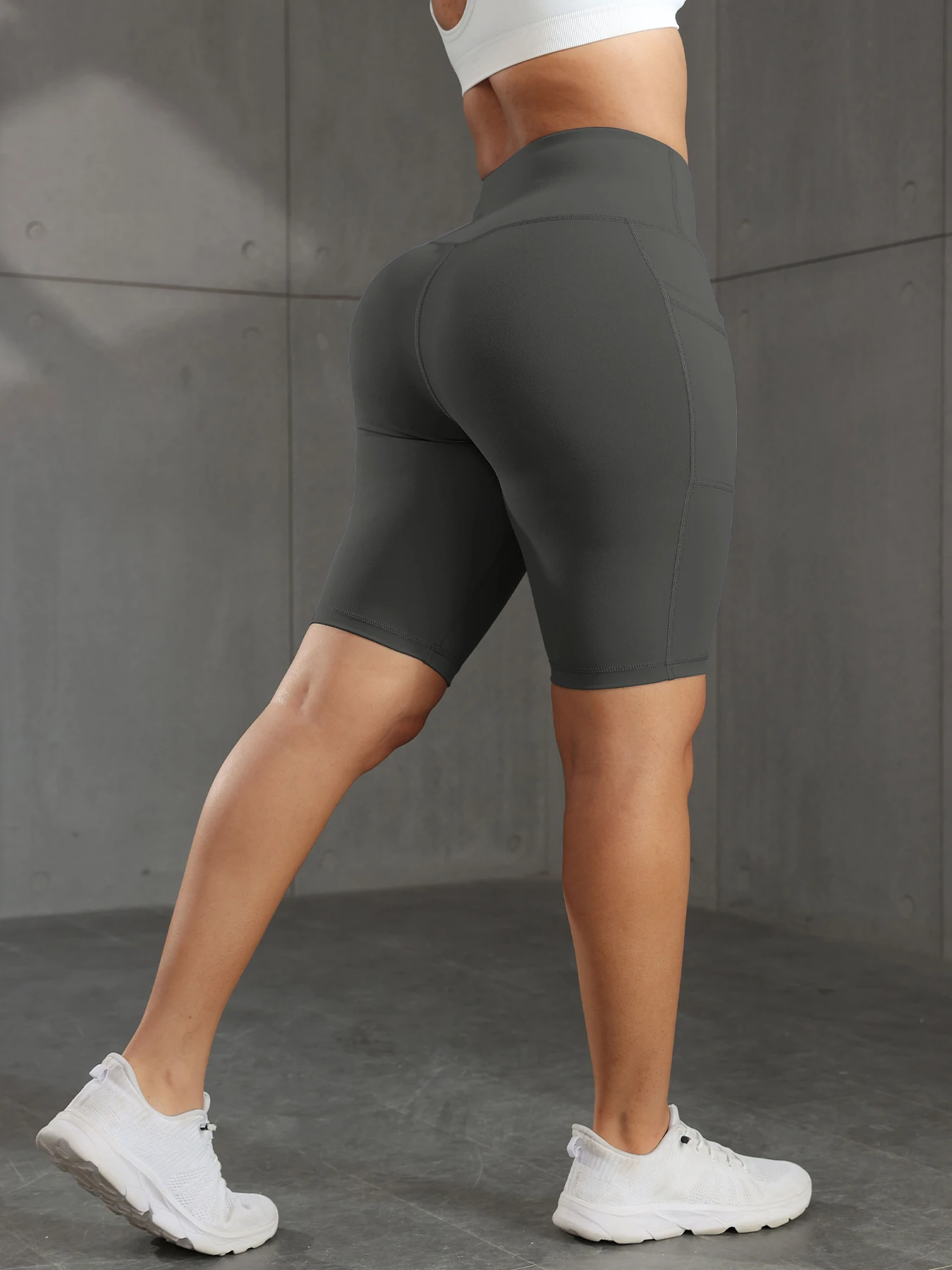 CHRLEISURE Women Solid Yoga Shorts with 3 Pockets High Waist Butt Lifting Workout Tights Gym Elastic Cycling Shorts Activewear image 6