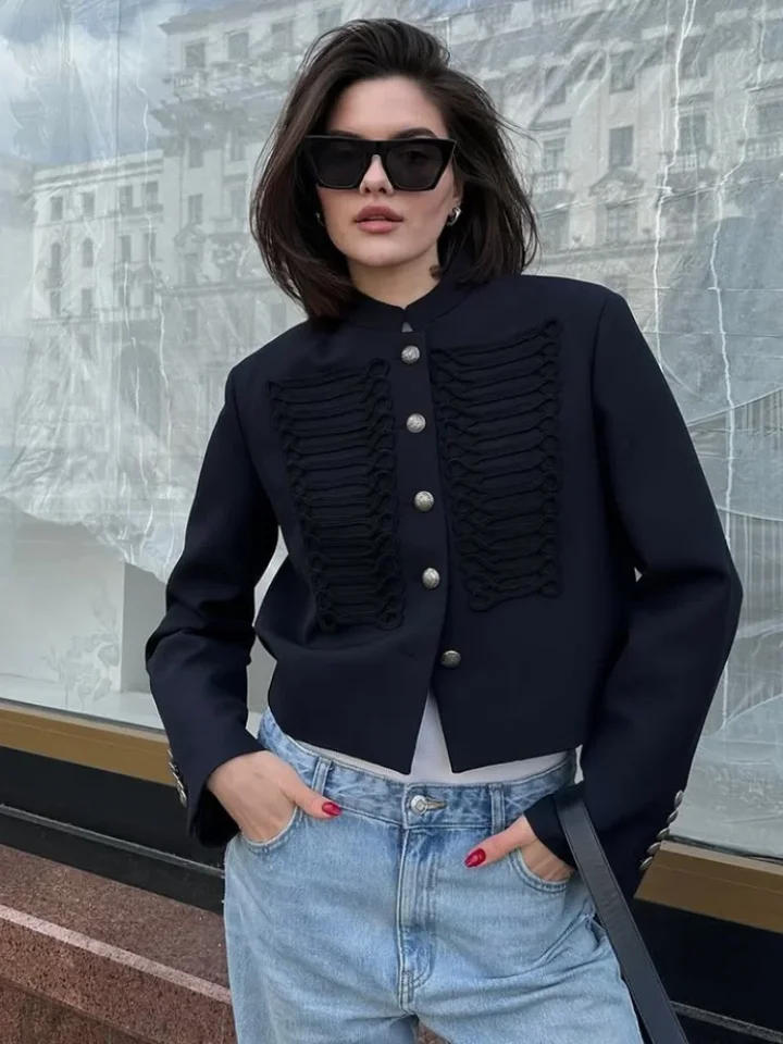 Women Chic Denim Military Jacket Casual Solid Stand Collar Single