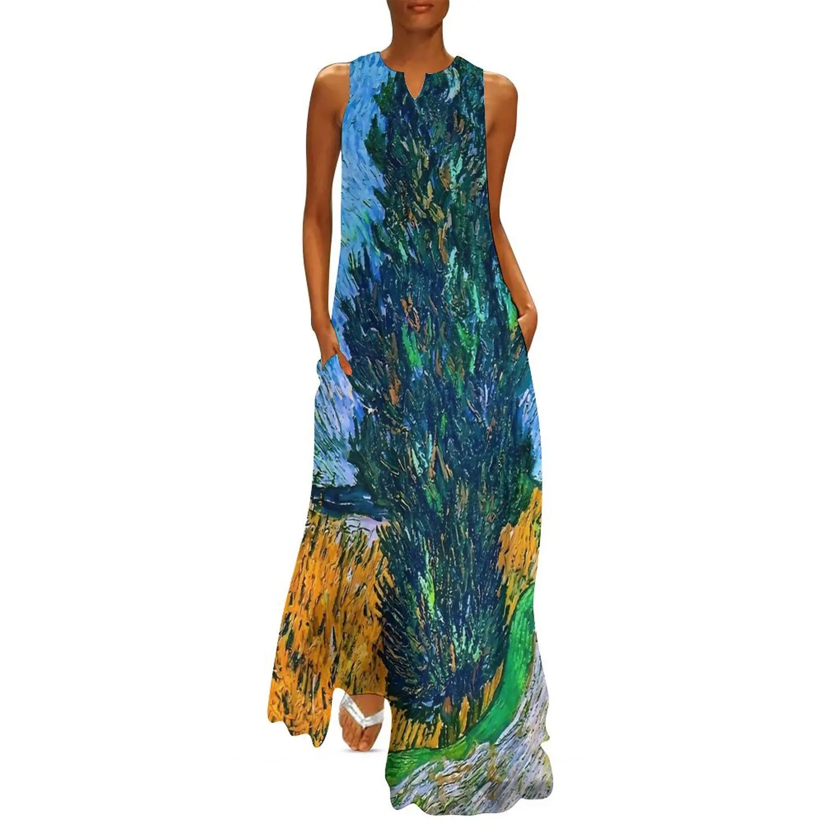 Van Gogh Dress Summer Road with Cypress and Star Street Wear Boho Beach Long Dresses Womens Print Vintage Maxi Dress Large Size