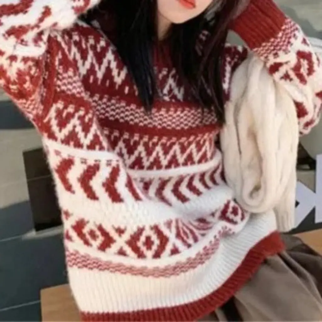 

Женский красный рождественский свитер в стиле ретро, осенне-зимний стильный маленький ленивый стиль, внутренняя верхняя одежда, свободный крой