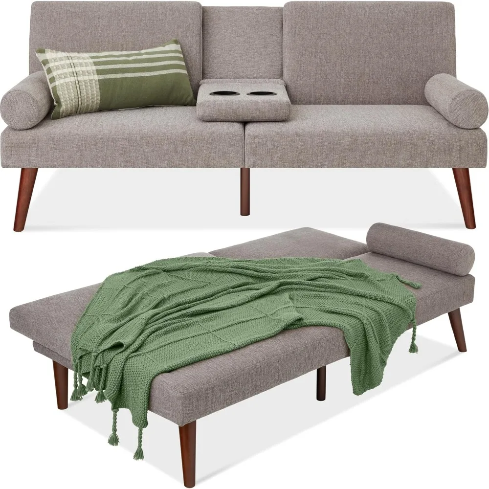 Mid-Century Modern Upholstered Futon, Convertible Folding Sofa Bed, Small Couch w/Rounded Armrests, 2 Cupholders - Gray