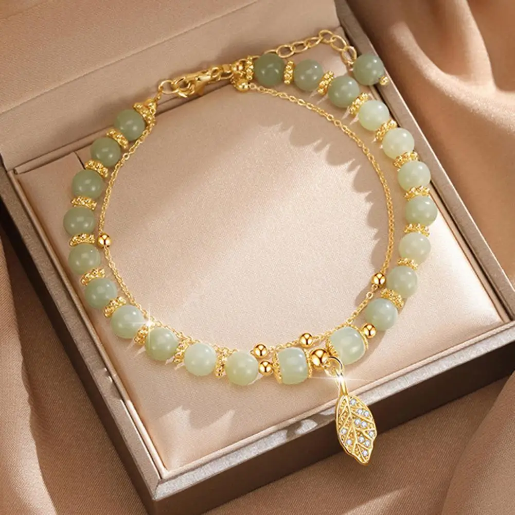 Women Bracelet Rhinestone Leaf Pendant Double-layered Adjustable Length Faux Jade Bracelet Contrast Color Good Luck Bangle