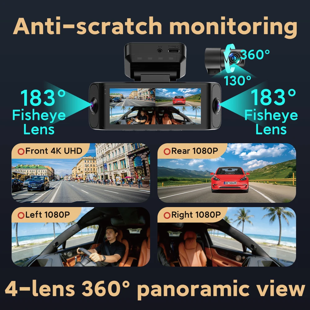 4K Dash Cam 5G WiFi 4 Lens Fisheye 360° with Night Vision G-Sensor AI Dash Cam Car DVR for Car Black Box Dashcam Factory