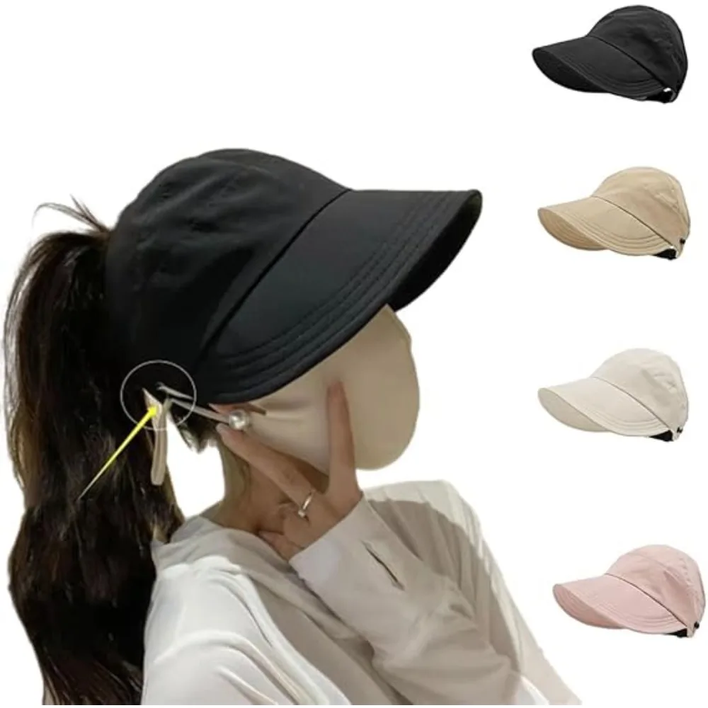 Sonnenhüte für Damen mit breiter Krempe, UV-Schutz, hohler Kopfteil, Sommer-Strandhut, faltbarer Visor, Fischerhüte mit Maskenknopf