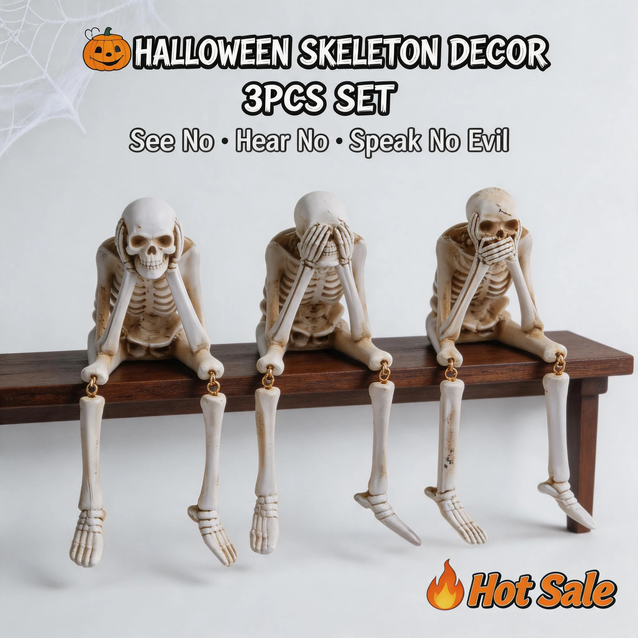 See Speak Hear No Evil Skeleton Figurines Hanging Leg Halloween Resin Skull Statues for Bookshelf Table Edge Home Interior Decor