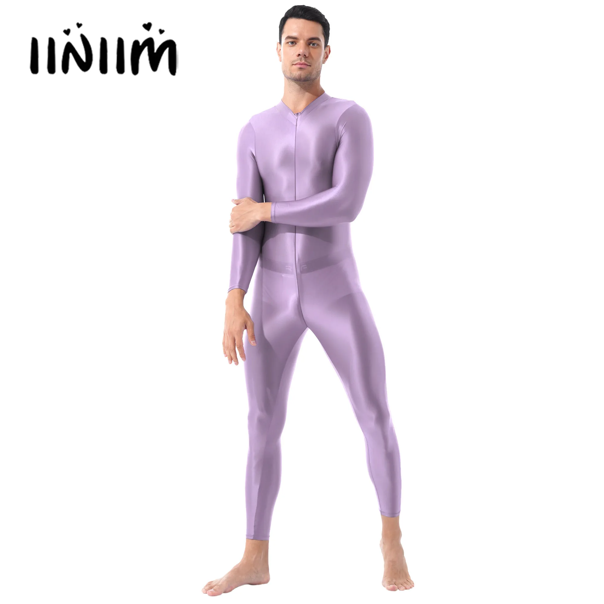 Mens Shimmery Bodycon Bodysuit Lingerie Ankle Length Double-ended Zipper Bodystocking High Neck Long Sleeves Leotard Jumpsuit