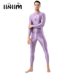 Mens Shimmery Bodycon Bodysuit Lingerie Ankle Length Double-ended Zipper Bodystocking High Neck Long Sleeves Leotard Jumpsuit