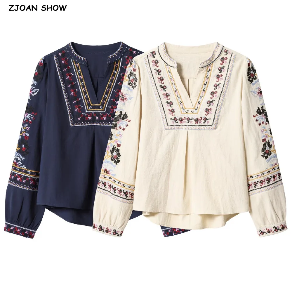 Autumn Ethnic V Neck Embroidery Flower Totem Pullover Shirt Women Full Sleeve Loose Blouses BOHO Tops Beige Navy