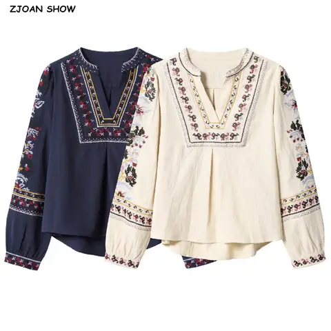 Autumn Ethnic V Neck Embroidery Flower Totem Pullover Shirt Women Full Sleeve Loose Blouses BOHO Tops Beige Navy
