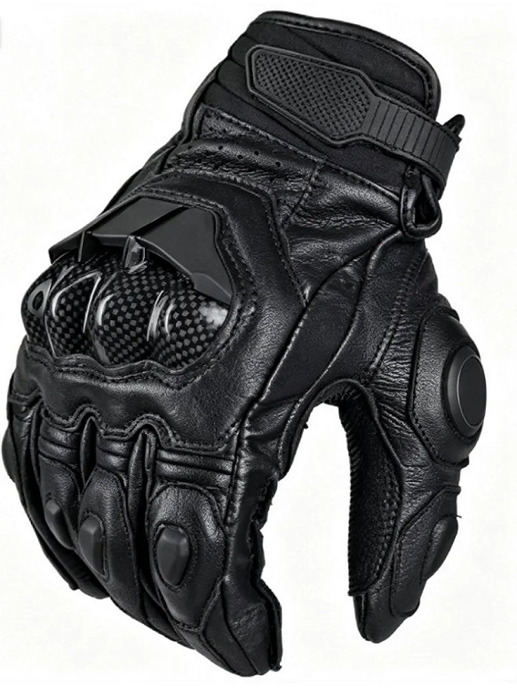 Touch‑Screen Motorcycle Full‑Finger Gloves, Goat Skin Breathable Shock‑Proof Protective Gloves Adjustable Strap for Men & Women