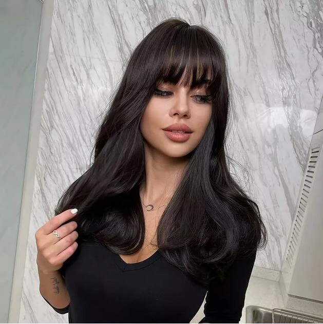 Dark Brown Wigs for Women Long Wavy Daily Party Wig with Bangs Natural Looking