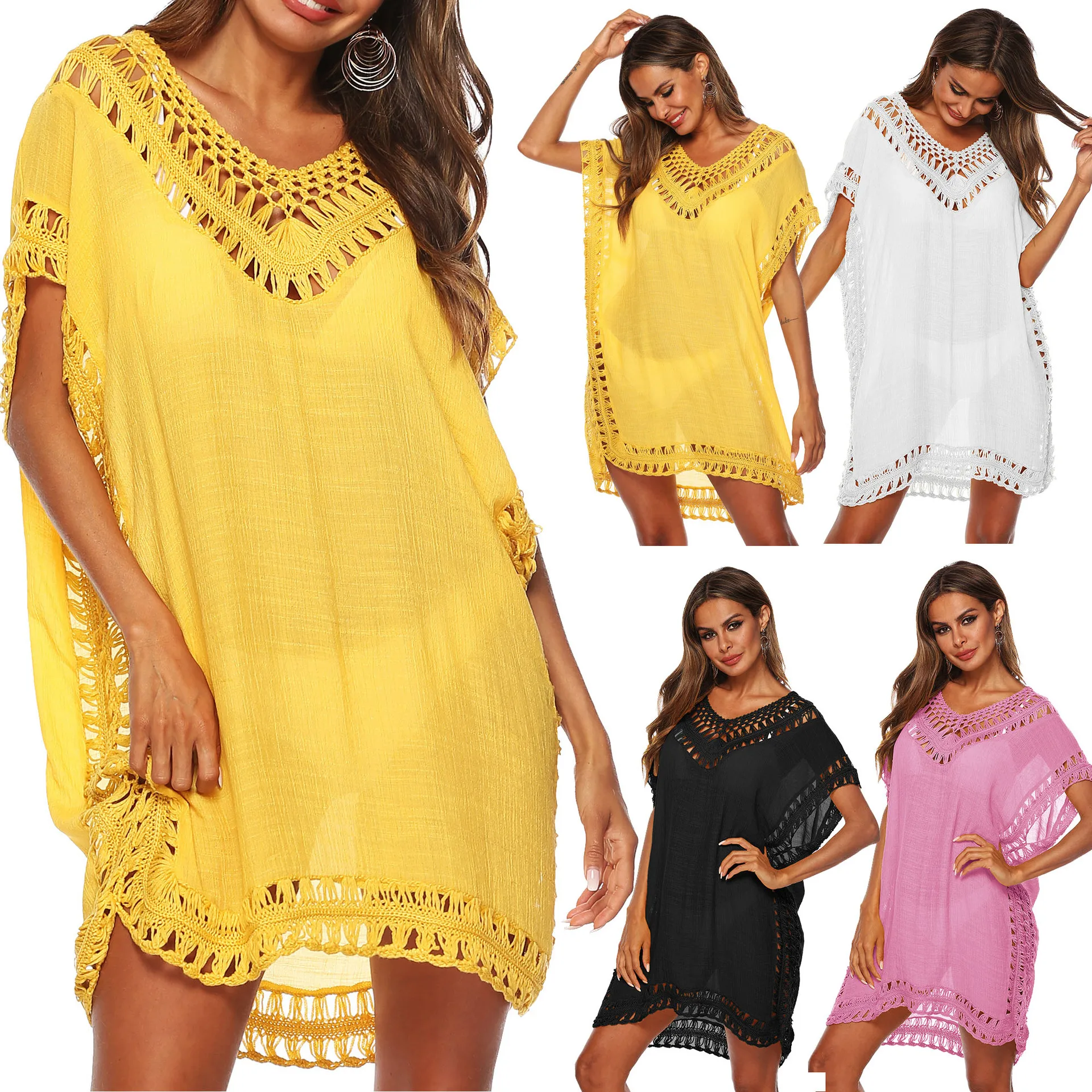 

2023 European American Spring summer V-neck Hand Hook Splicing Hollow Loose Beach Bikini Blouse Sunscreen Smock Yellow