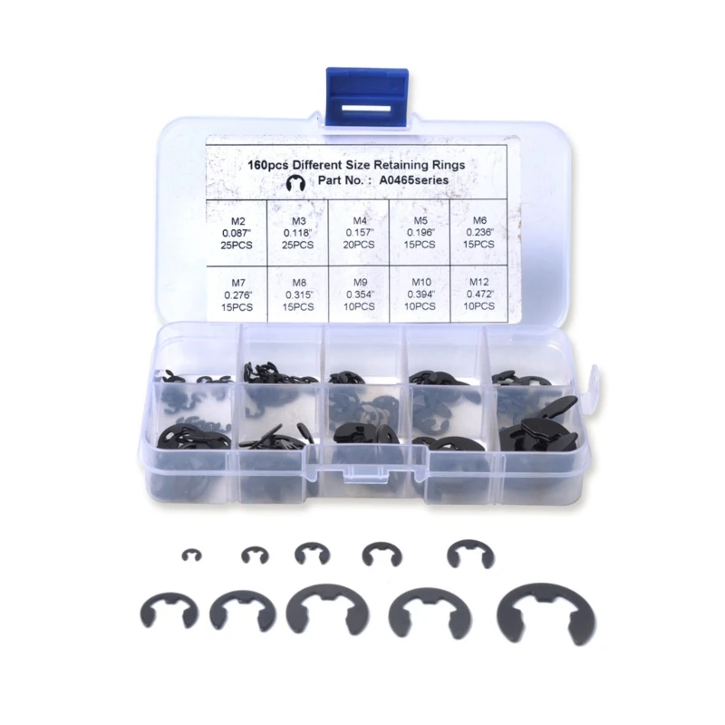 External Retaining Rings Washer Assortment Set Steel E-Clip Circlip Retainer Rings Rings 2 to 12mm 160Pcs