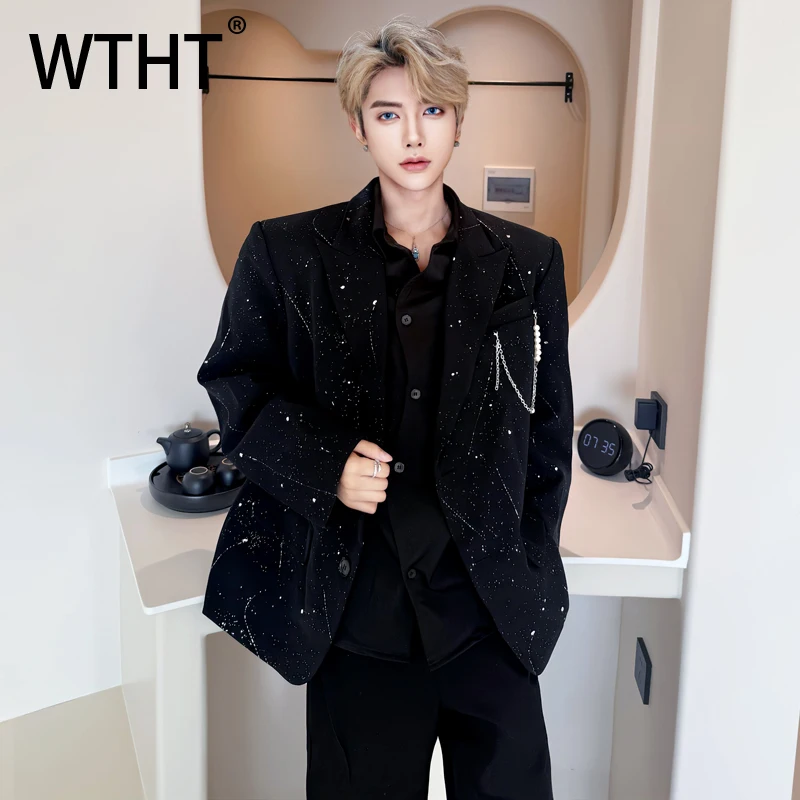 

WTHT модные мужские блейзеры с металлической цепочкой и блестками, подплечники, модные осенние свободные куртки с лацканами 2025, мужские 2A2132