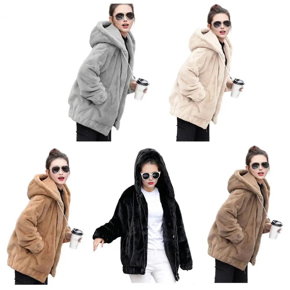 

Зимняя женская куртка из плотного плюша с искусственным мехом, средней длины, с капюшоном, карманами, длинными рукавами, ветрозащитная, на молнии, кардиган-пальто