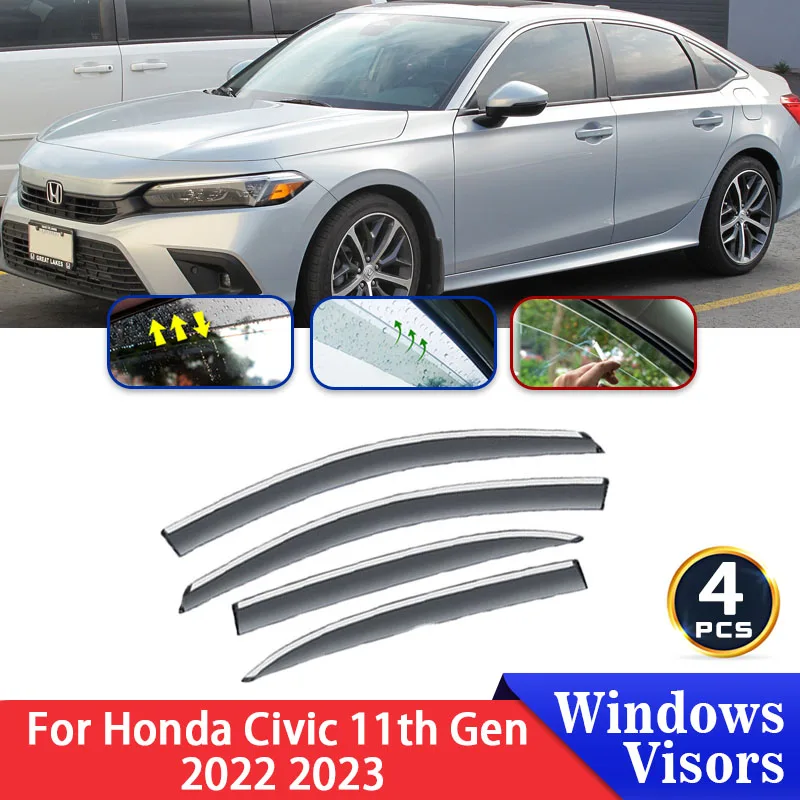 

4PCS Deflectors For Honda Civic 11th Gen 2022 2023 Windshield Car Side Window Visors Trim Rain Eyebrow Auto Interior Accessories