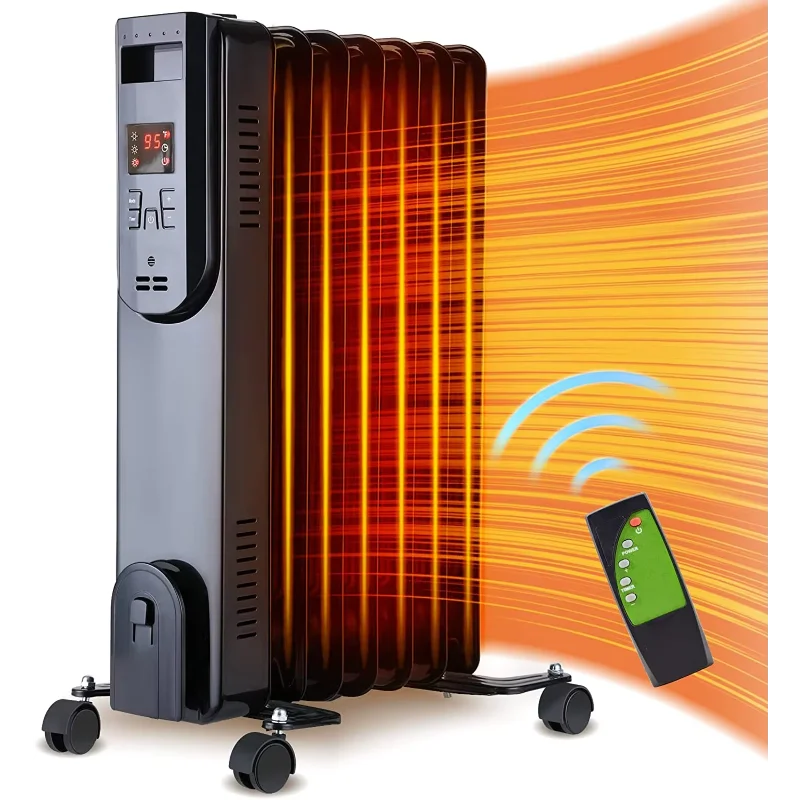Electric Oil Heater, Upgrade 1500W Oil Filled Radiator Heaters  Digital Thermostat 12 Hrs Timer & Remote Overheat & Tip-Over