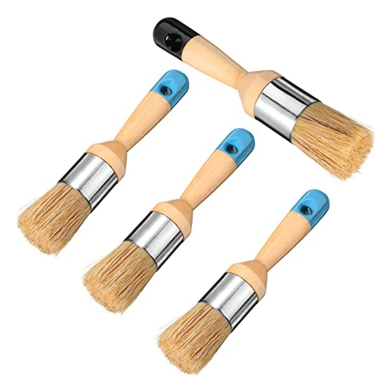 

4Pcs Chalk And Wax Paint Brush Set For Furniture DIY Painting And Waxing Tool Natural Bristles Round Wood Handle Brushes