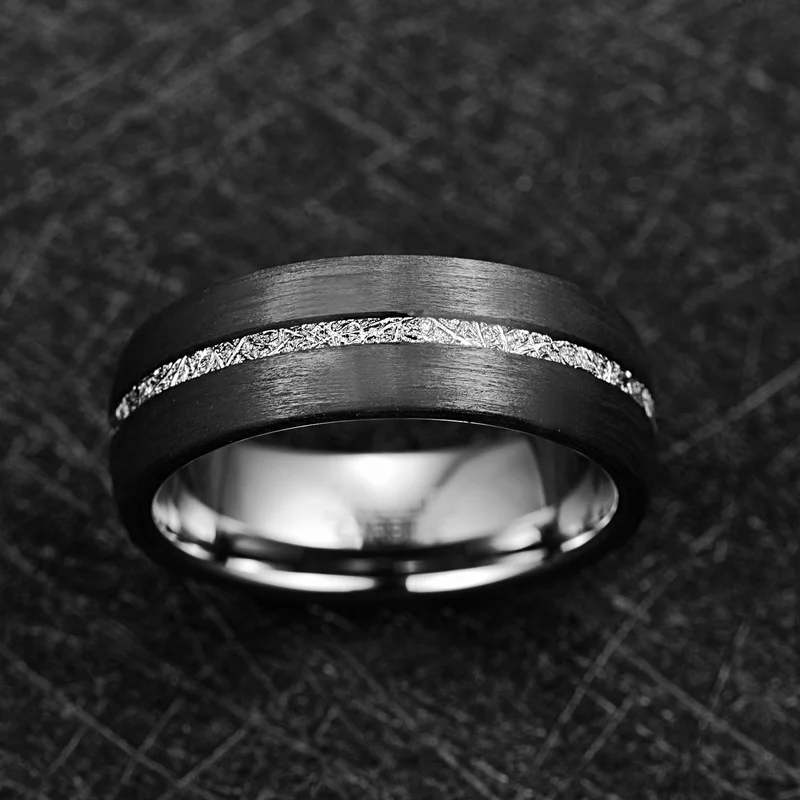 BONLAVIE 8mm Width Men\'s Tungsten Carbide Ring Inlaid Carbon Fiber + Imitation Vermiculite Tungsten Steel Ring Wedding Band Ring