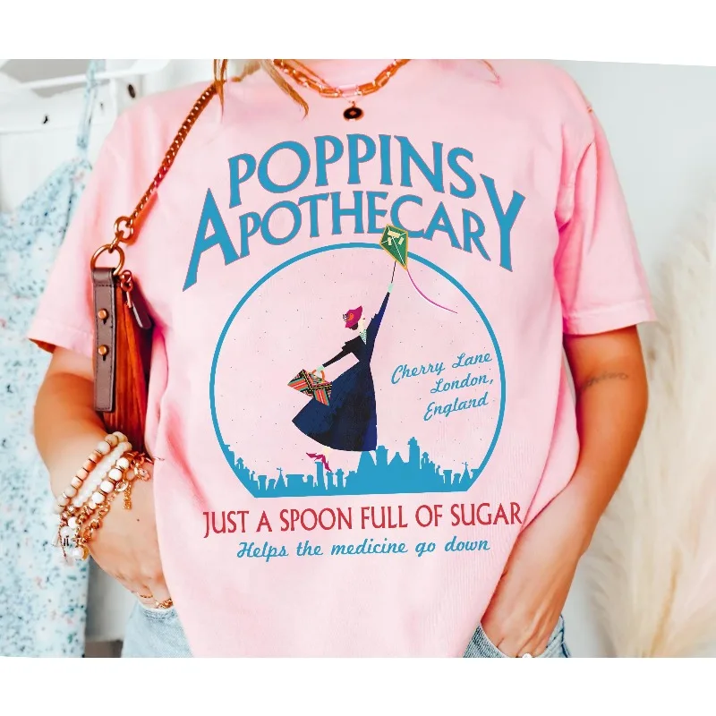 Disney Mary Poppins Pharmacist Cherry Lane London British Shirt Women's T-shirt New Casual Fashion Couple Street Wear