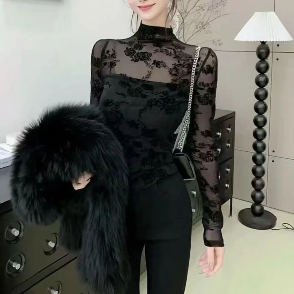 Floral Print Mesh Blouse Semi‑Sheer Mesh Fleece Lined Option Turtleneck Shirt Slim Fit Stretchy Fabric Long‑Sleeve Undershirt