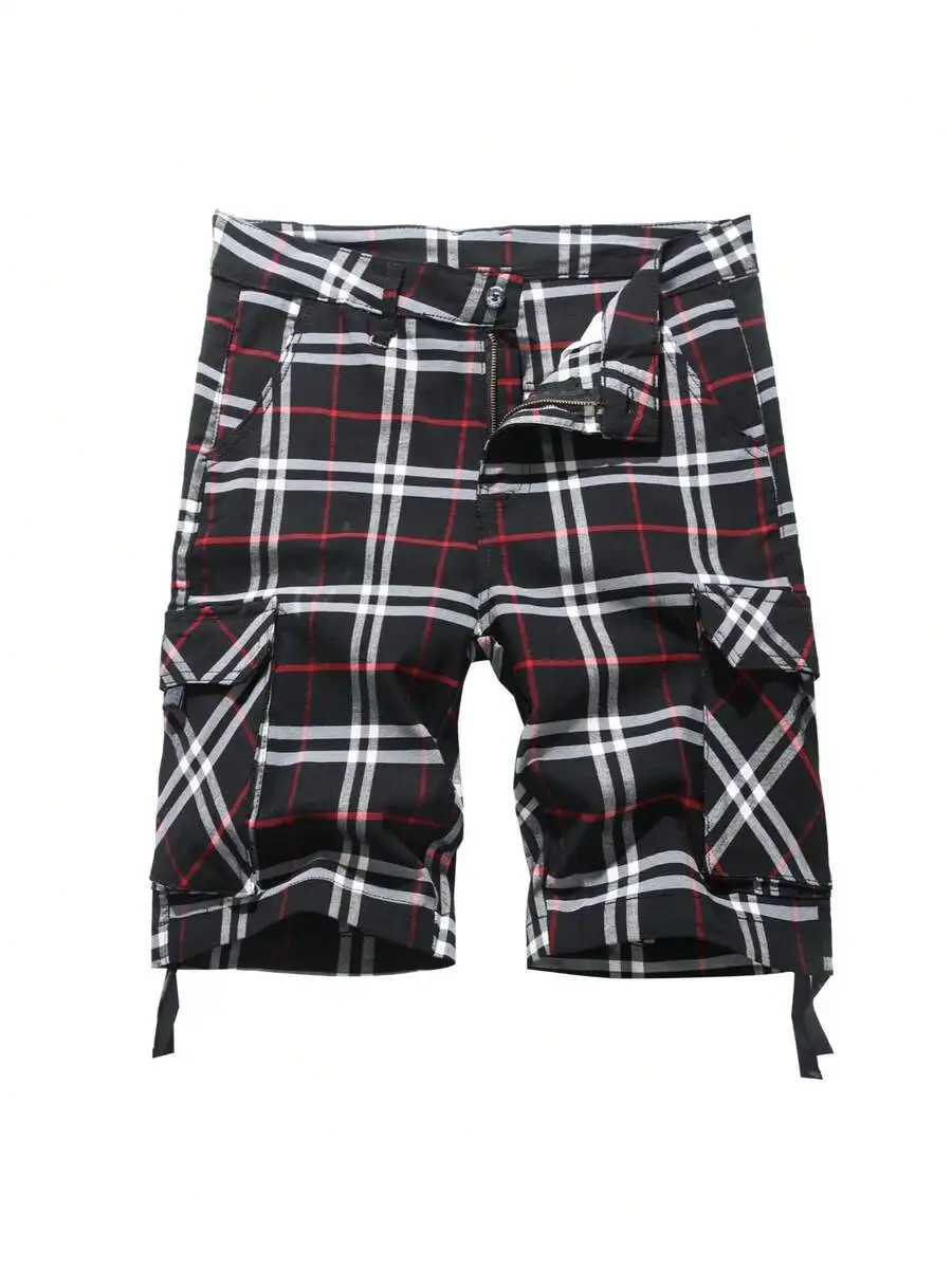 Cargo Short For Men 10" Inseam Relaxed Fit Plaid Outdoor Hiking Work Stretch Cotton Casual Shorts With Multi-Pocket
