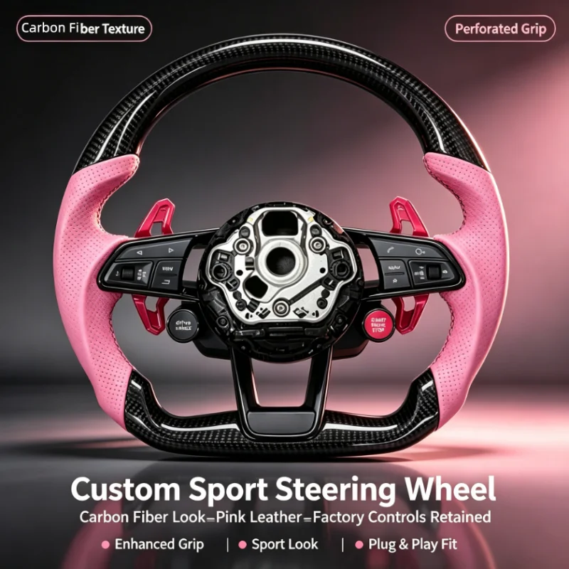 Carbon Fiber Steering Wheel For Audi R8 TT TTS TTRS Customized One Start Buttons Sport Wheel Assembly 2016-2023 Pink Leather