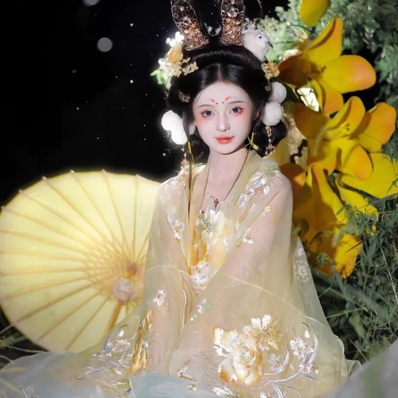 Fairy style Hanfu suit, female chest-length skirt, embroidered big-sleeved shirt, super fairy ancient dress, performance costume