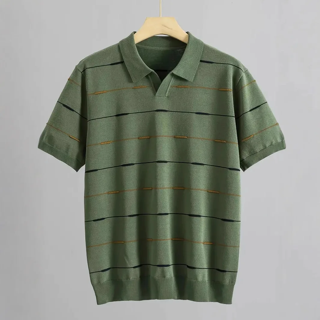 Summer New Micro-elastic Short-sleeved Knitted Polo Shirt Striped Literary Style Pullover Lapel Casual Retro Knitted Sweater Men