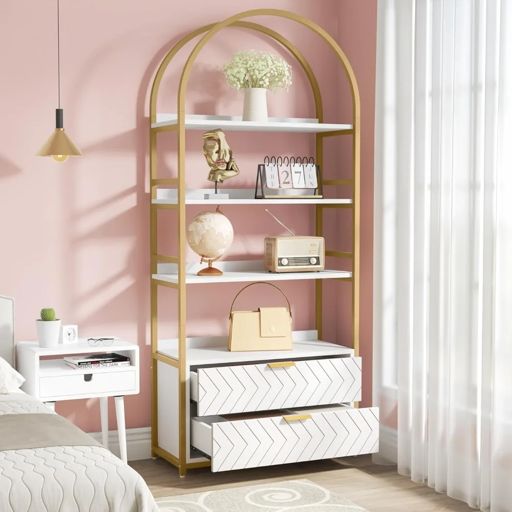 4-Tier Bookshelf with 2 Drawers Set of 2, 74.80”H Tall Bookcase 4 Display Shelf,   Home Office, White & Gold, 2 PCS,  Bookcases