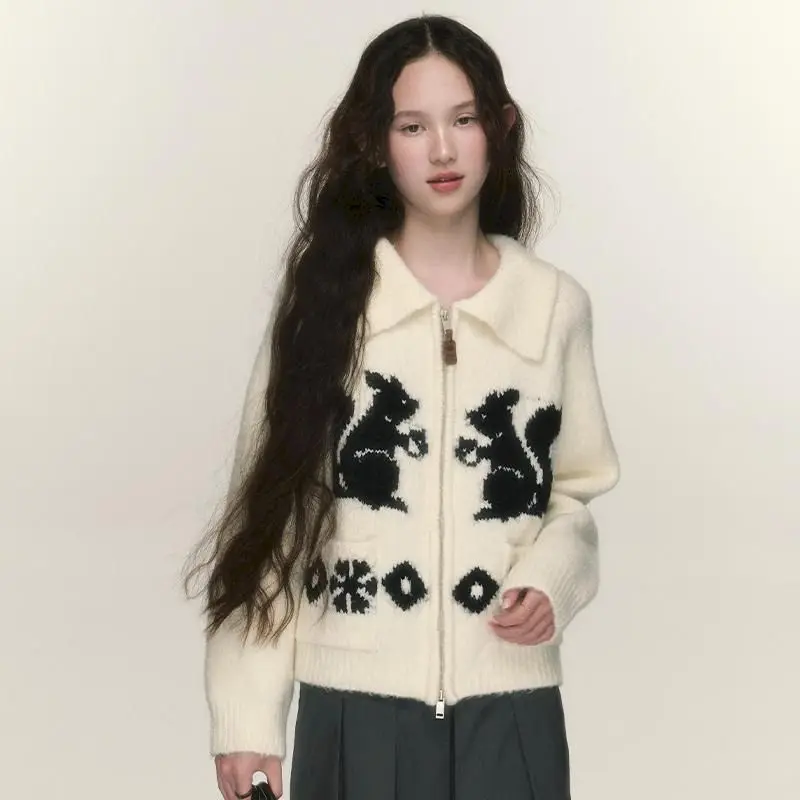 

Harajuku Cartoon Squirrel Graphic Embroidery Sweaters Women Korean Knitted Cardigan Female Vintage Casual Lapel Zipper Knitwears