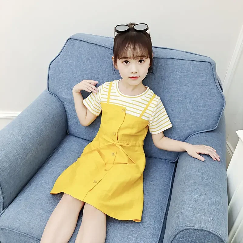 

New Girls Dress Summer Teenage Kids Short Sleeved Princess Dresses Vestidos Patchwork Children Clothing 5 6 8 10 To 12 Years Old