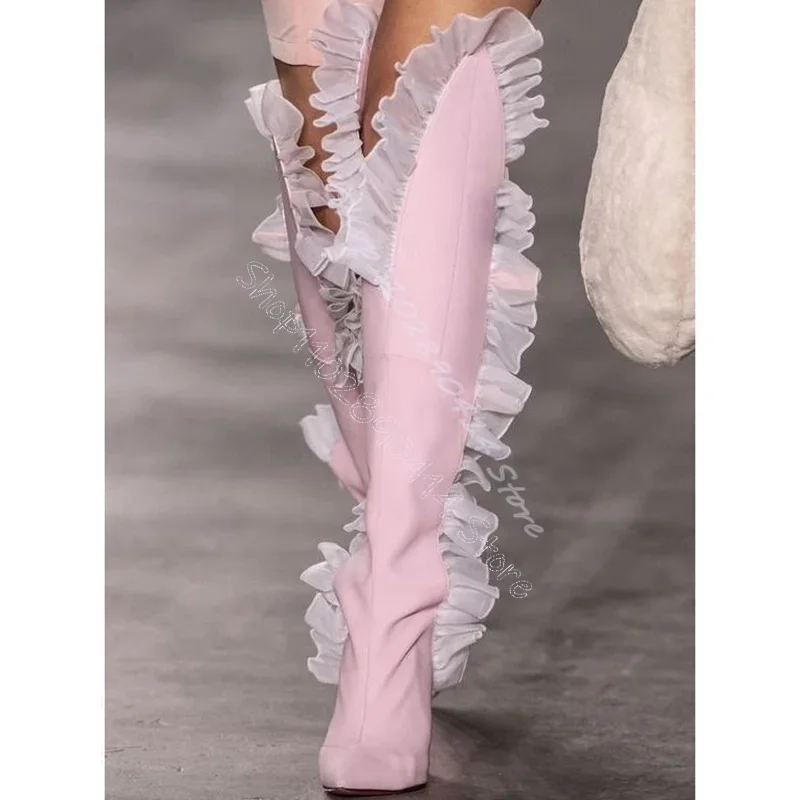 

Pink Mesh Falbala Design Pointed Toe Runway Boots Slip On Women Shoes Chunky High Heels Fashion Party 2025 Zapatos Para Mujere