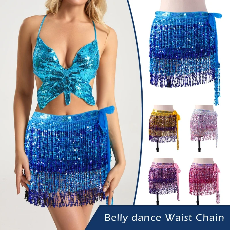 Women 4-Layer Sparkle Sequin Tassel Hip Scarf Belly Dance Performance Fringe Skirt Wrap Belt Perfect for Stage and Festival Wear