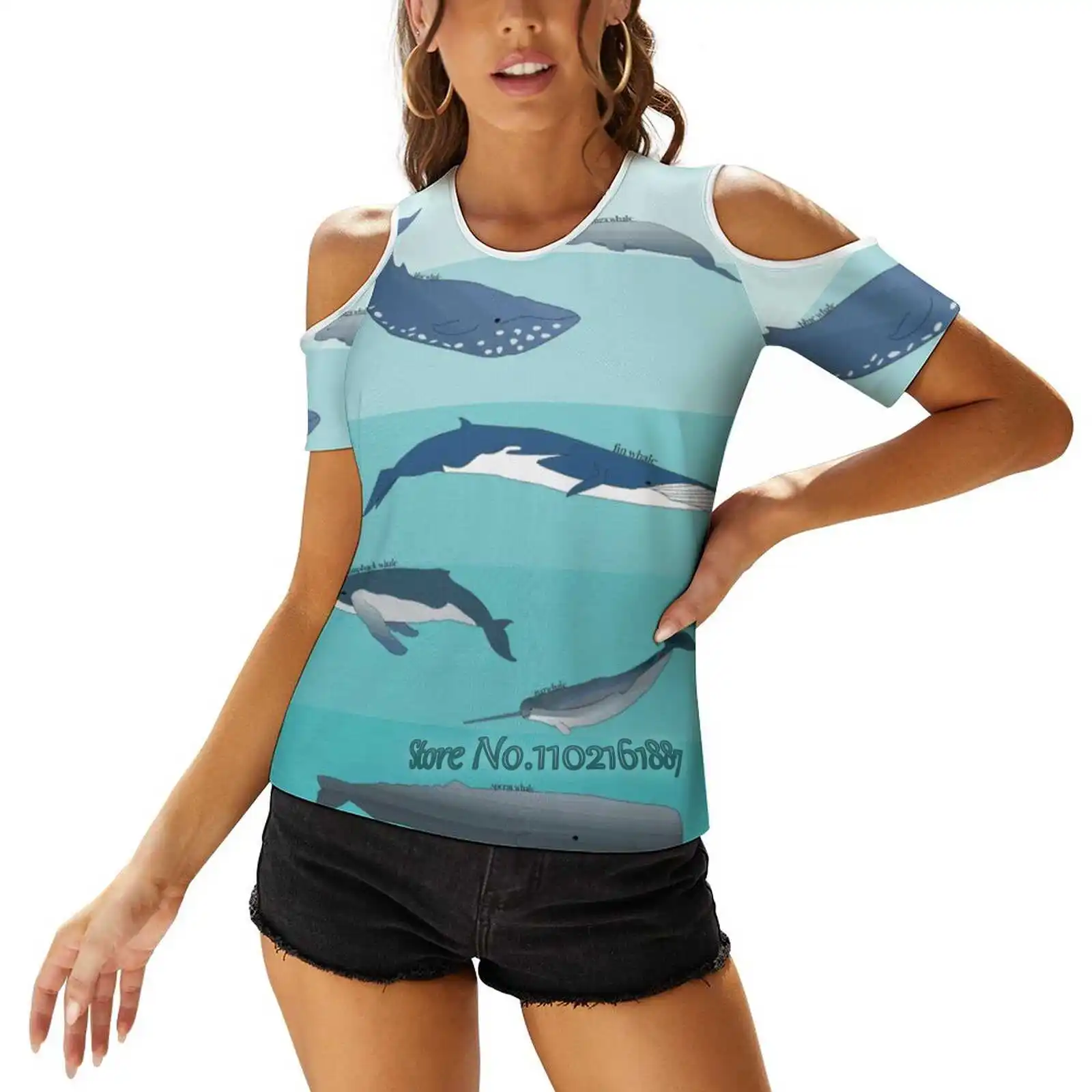 Types Of Whales Sexy T-Shirt Casual Tops One Shoulder Lacing T Shirts Korean T-Shirts Whales Whale Ocean Humpback Narwhale