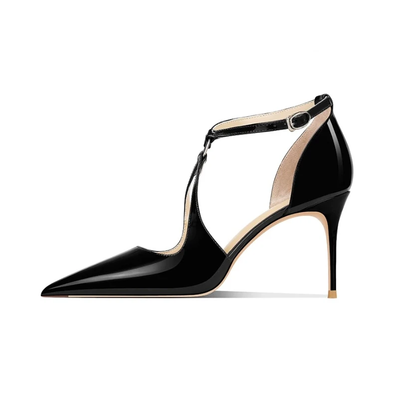 New pointed thin heel temperament leather cross strap sandals, black high heels, women's hollow single shoes