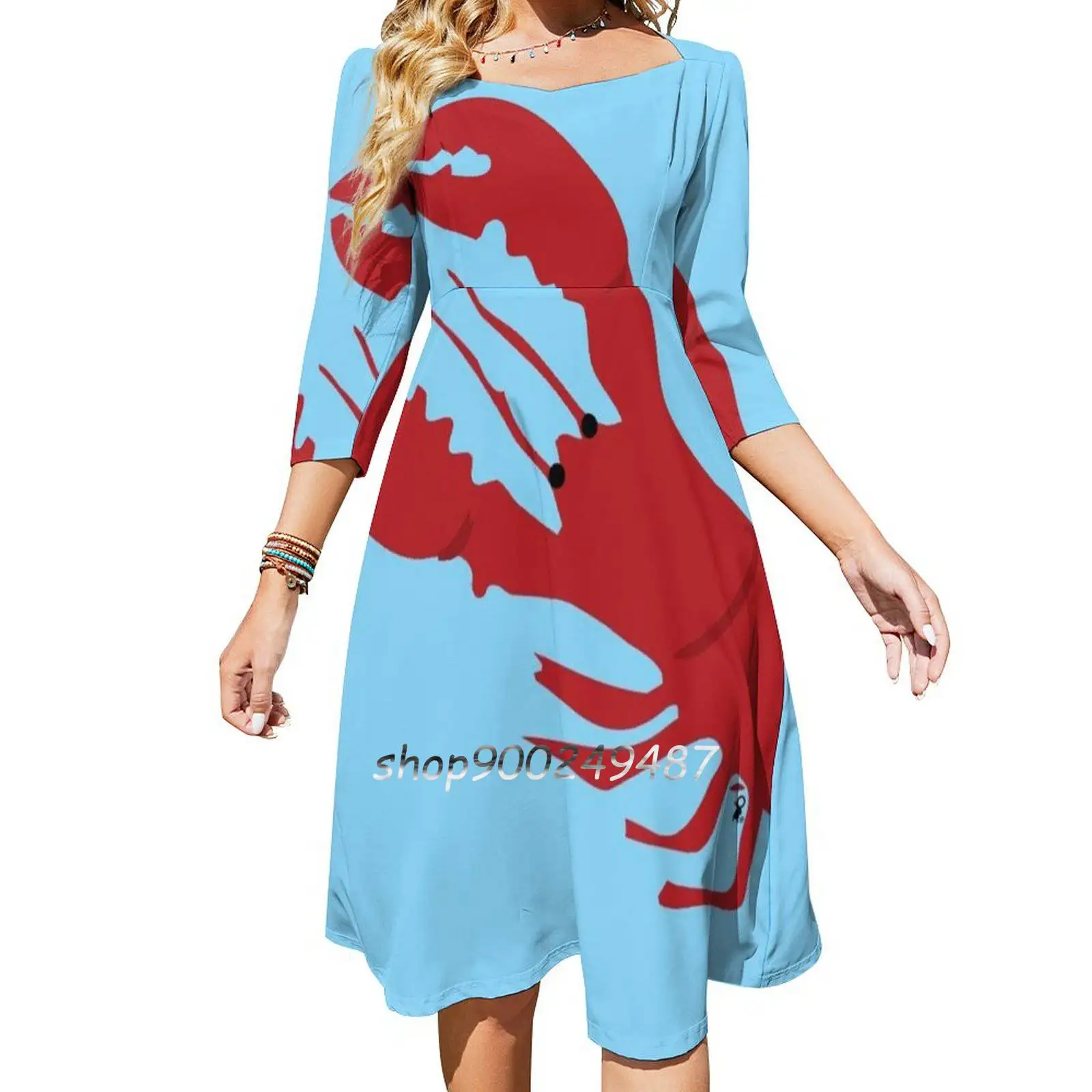 

Lobster Sweet Elegant Dress Women Korean Kawaii Square Collar Dress Lobster Sea Ocean Wet Crustacean Claw