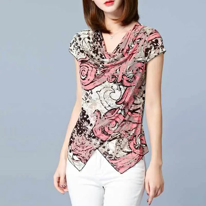 Female Clothing Stylish Asymmetrical T-shirt Casual Slim Summer Commute Vintage Printed Elegant V-Neck Short Sleeve Pullovers