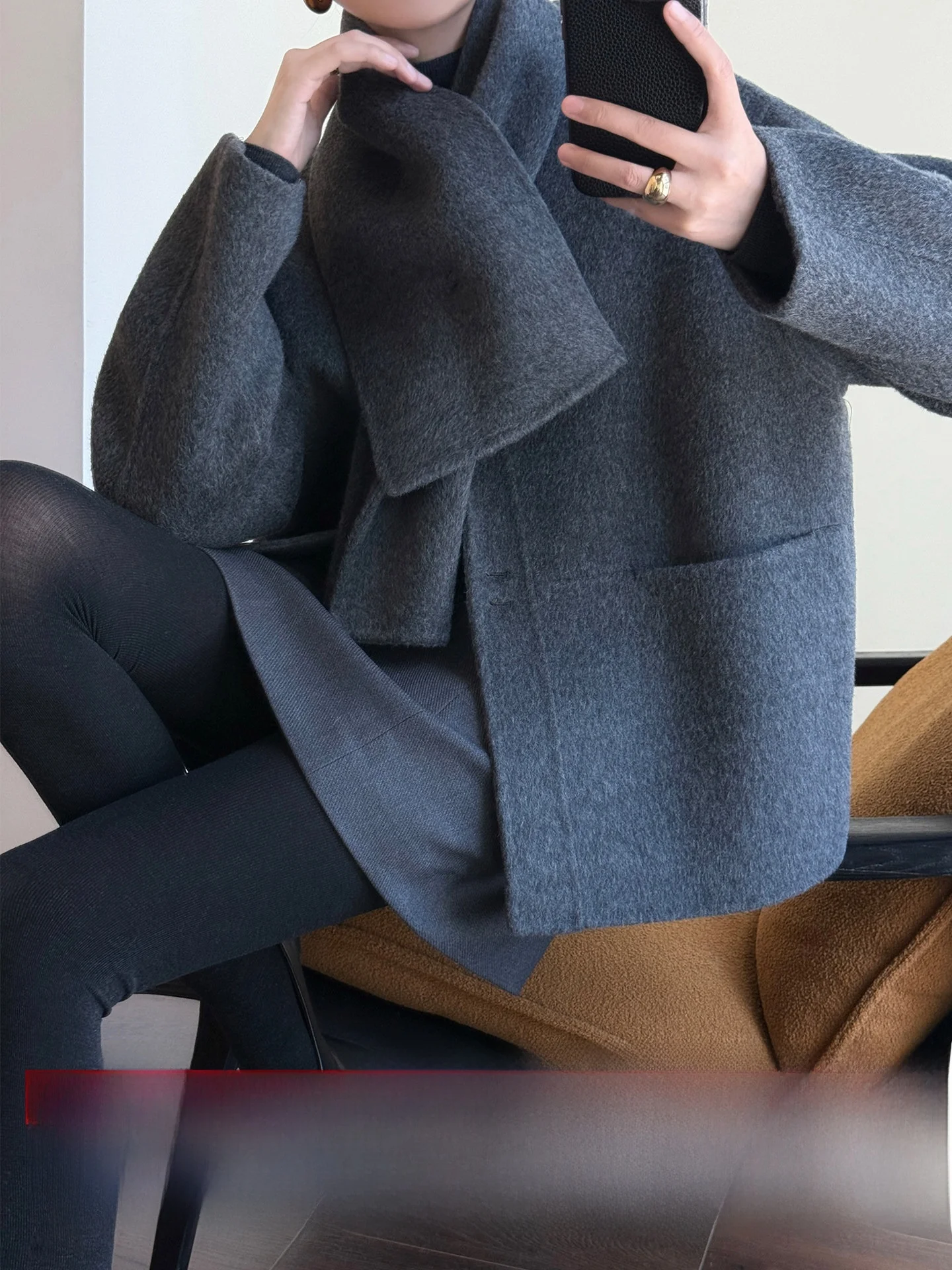 

Двусторонний шерстяной шарф из смесовой ткани, пальто и юбка цвета ослиного пуха для женщин, зимний модный универсальный комплект