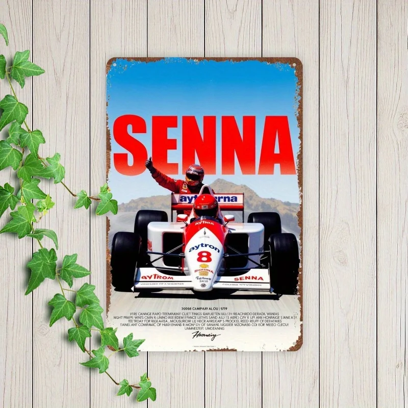 Vintage Racing Metal Sign - Formula One Race Car Decor with SENNA, Red Design Heavy-Duty Iron Construction Garage,