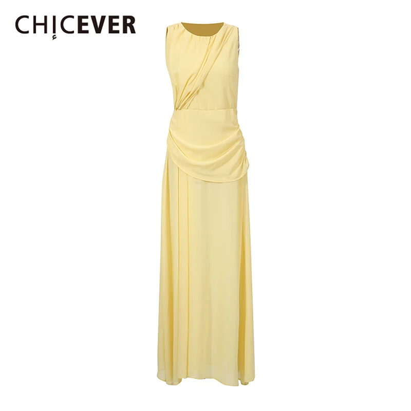 

CHICEVER Yellow Spliced Split Female O Neck Sleeveless High Waist Slimming Temprament Basics Women's Dresses Summer New Fashion
