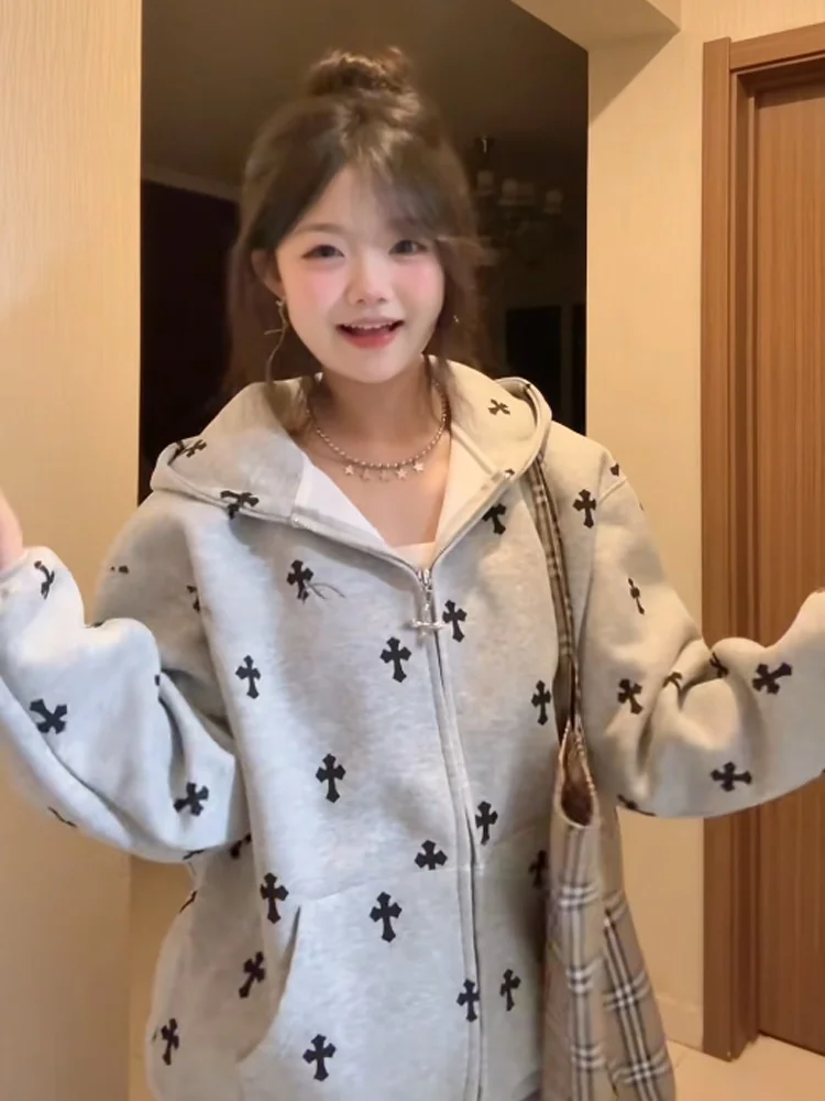 سترة كارديجان مطبوعة بغطاء للرأس على الطراز الأمريكي العصري، سترة فضفاضة عصرية للنساء بتصميم قوطي للخريف وللأزواج