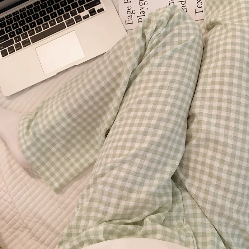Couples Plaid Sleepwear Casual Thin Home Pants Bubble Cloth Spring Autumn Summer Lightweight Long Pants for Men And Women