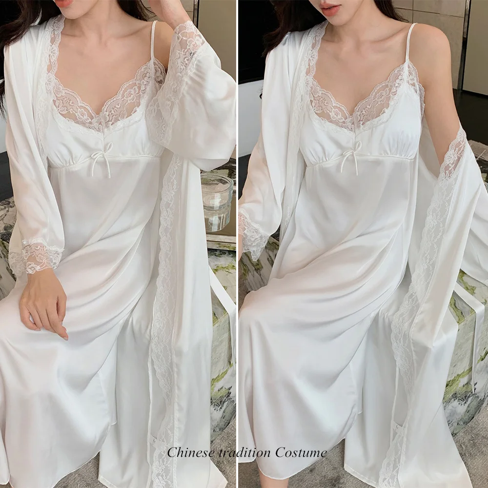 

Одежда для сна в дворцовом стиле в стиле ретро, элегантное кружевное кимоно, женский комплект из искусственного шелка, комплект длинного свадебного халата невесты, милая ночная рубашка
