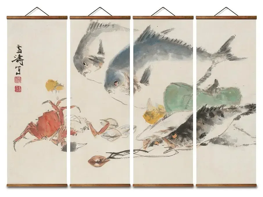 MT0919 Chinese Style sea fish crab shrimp Canvas Decorative Bedroom Wall Art Posters Chinese Solid Wood Scroll Paintings