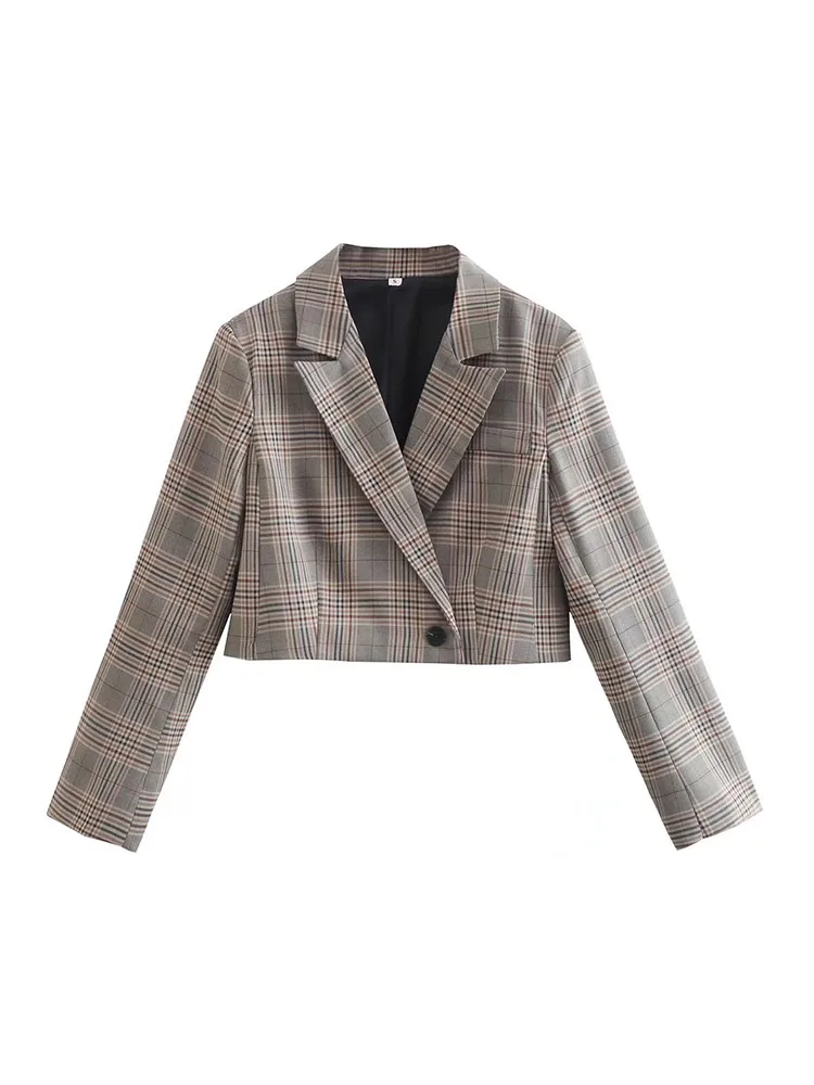 XEASY Women Short Plaid Blazer 2022 New Commuter Style Elegant Temperament Office Ladies Casual Coat