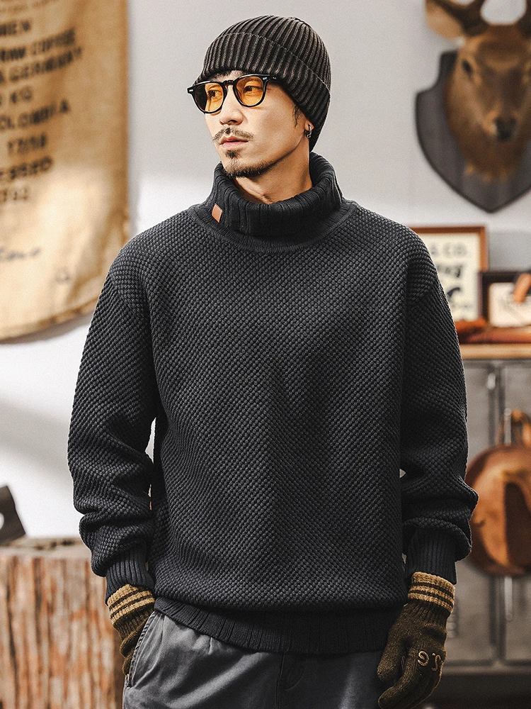

Мужской вязаный свитер с высоким воротником в американском стиле ретро, зимняя теплая внутренняя одежда, повседневная свободная посадка из смеси хлопка