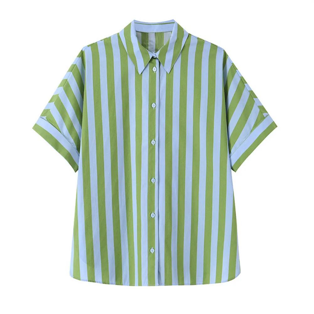 Hot Sale New Teal Striped Matching Set Contrast Color Short Sleeve And Shorts Suit Casual Loose Version Shirt Outfit For Women