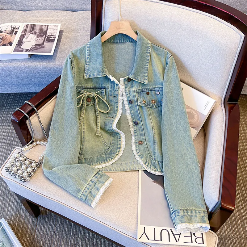 

Кружевная отделка на пуговицах, светло-голубая короткая джинсовая куртка, свободные однобортные однобортные осенние женские джинсовые куртки с лацканами и длинными рукавами